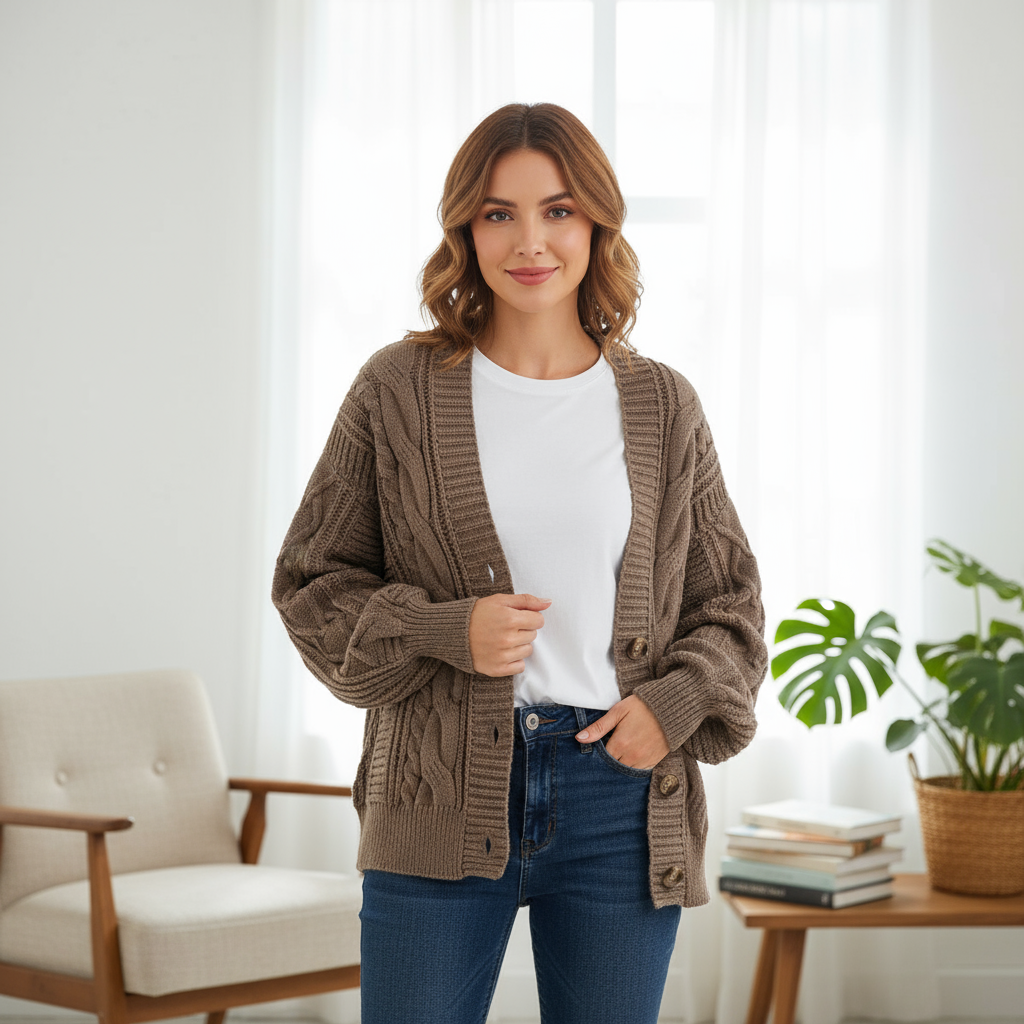 V-Hals Kabelgebreid Vest – Ballonmouw Stijl