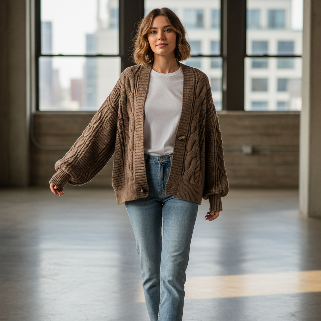 V-Hals Kabelgebreid Vest – Ballonmouw Stijl