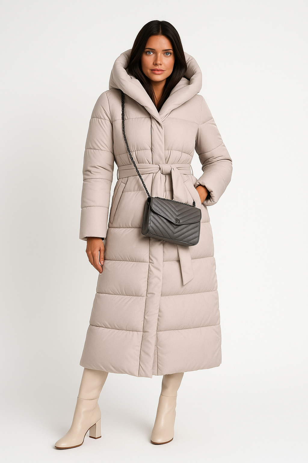 Chic Lange Puffer Winterjas met Tailleriem en Hoge Kraag