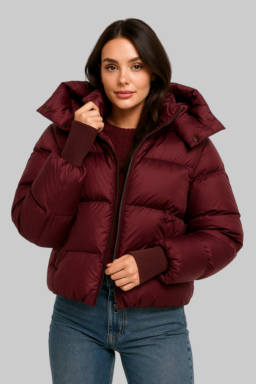 Evy Jacket | Bordeaux puffer jacket met hoge kraag en muts