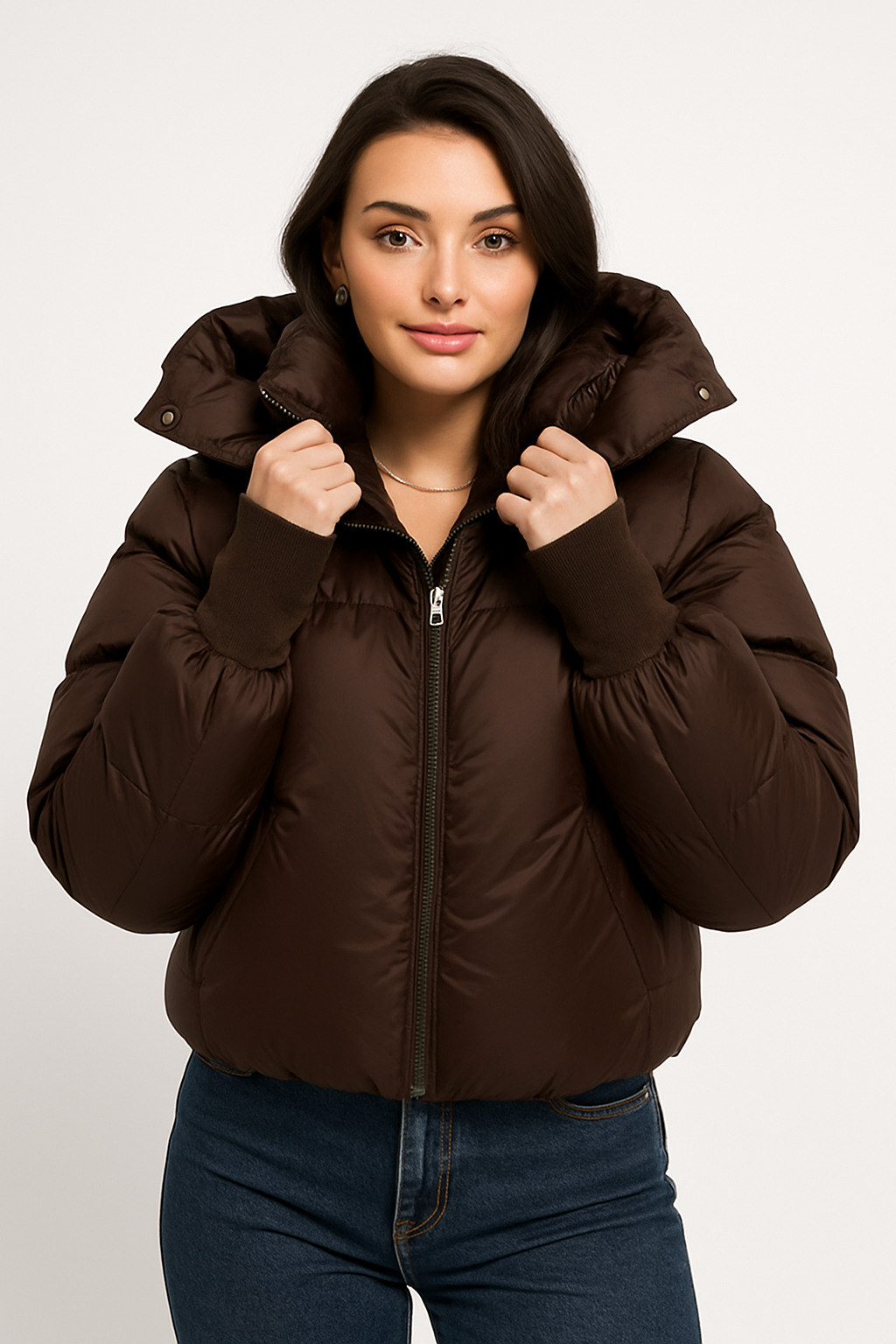 Evy Jacket | Bruine puffer jacket met hoge kraag en muts