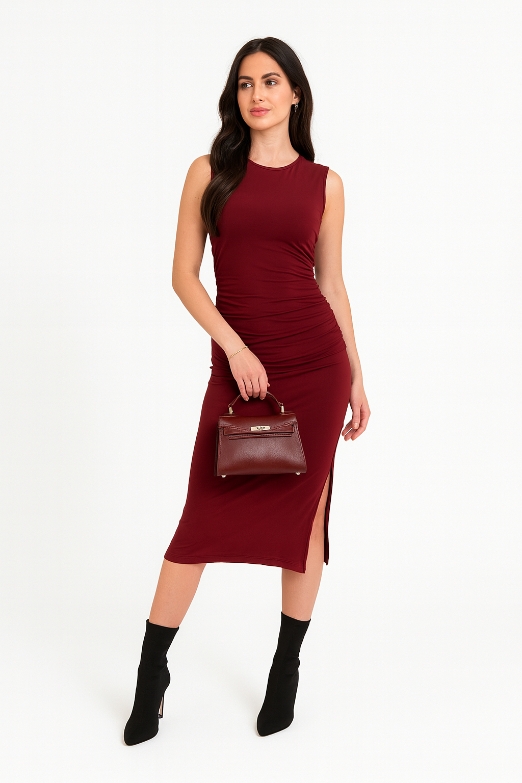 Blee Bodycon Midi Dress – Bordeaux Elegance