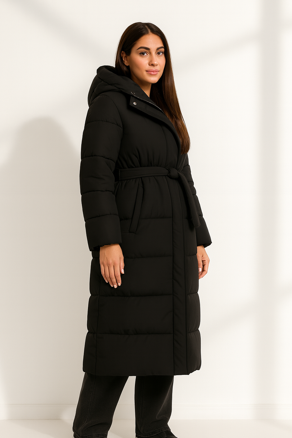 Noir Luxe | Belted Puffer Coat