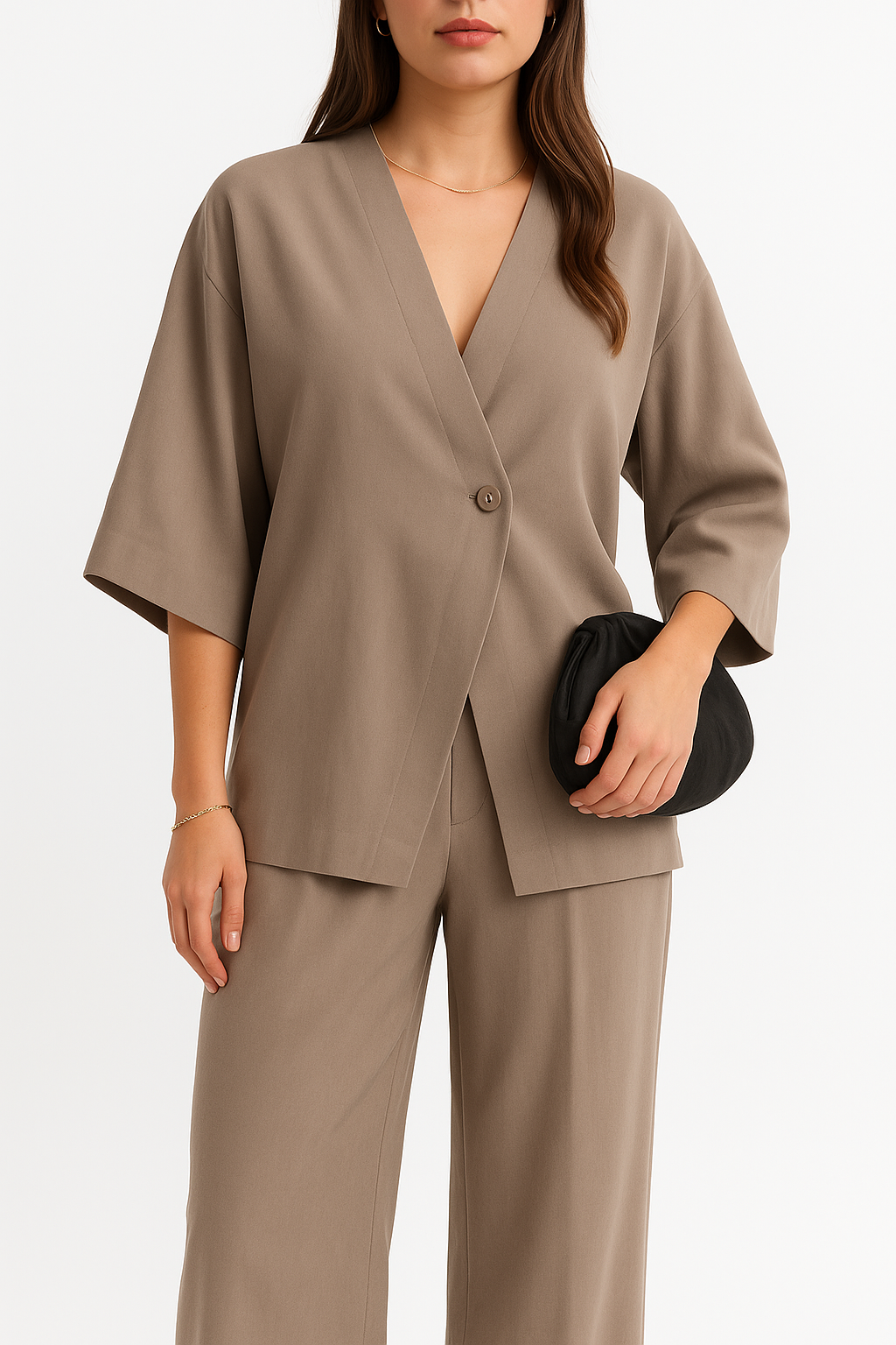 Tweedelig damespak: Elegante top met V-hals & broek met wijde pijpen - Maison