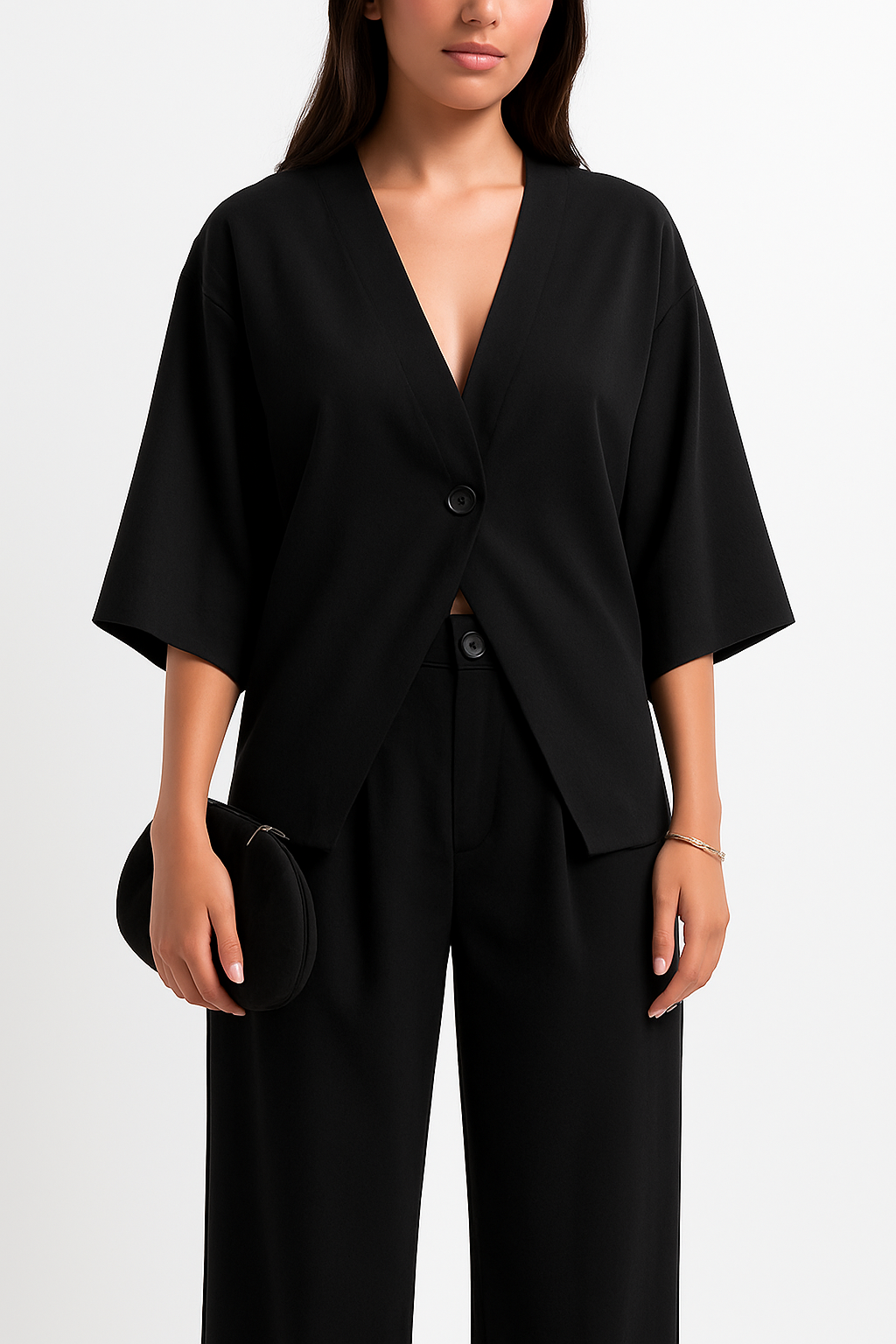 Tweedelig damespak: Elegante top met V-hals & broek met wijde pijpen - Maison