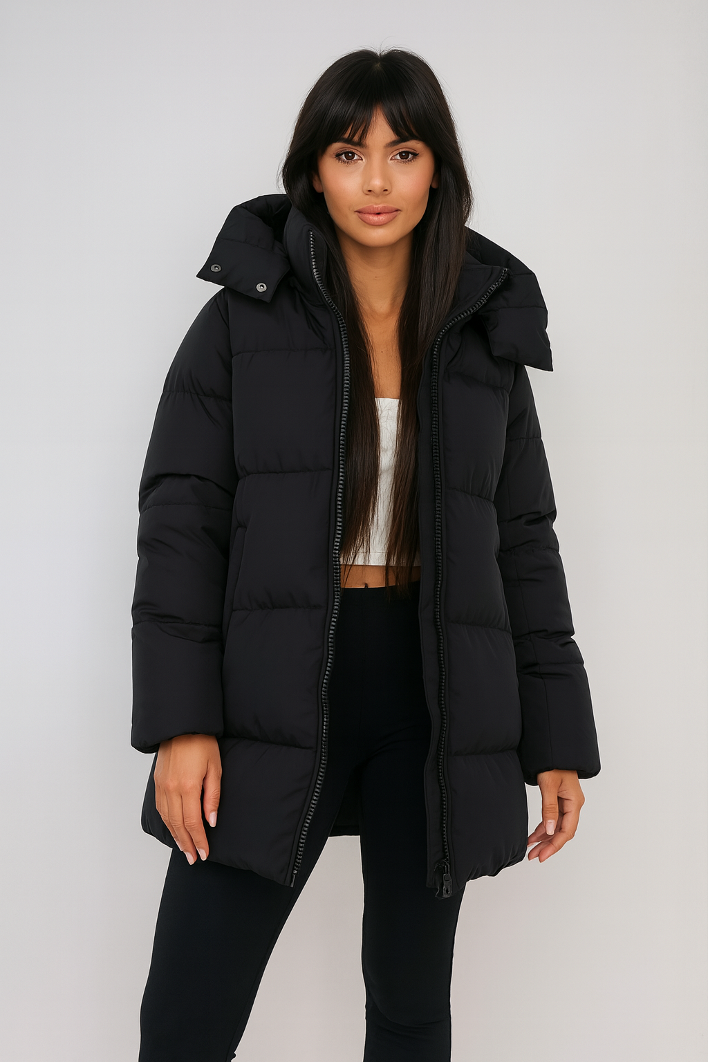 Zwarte Puffer Winterjas met Capuchon Gewatteerd Lang