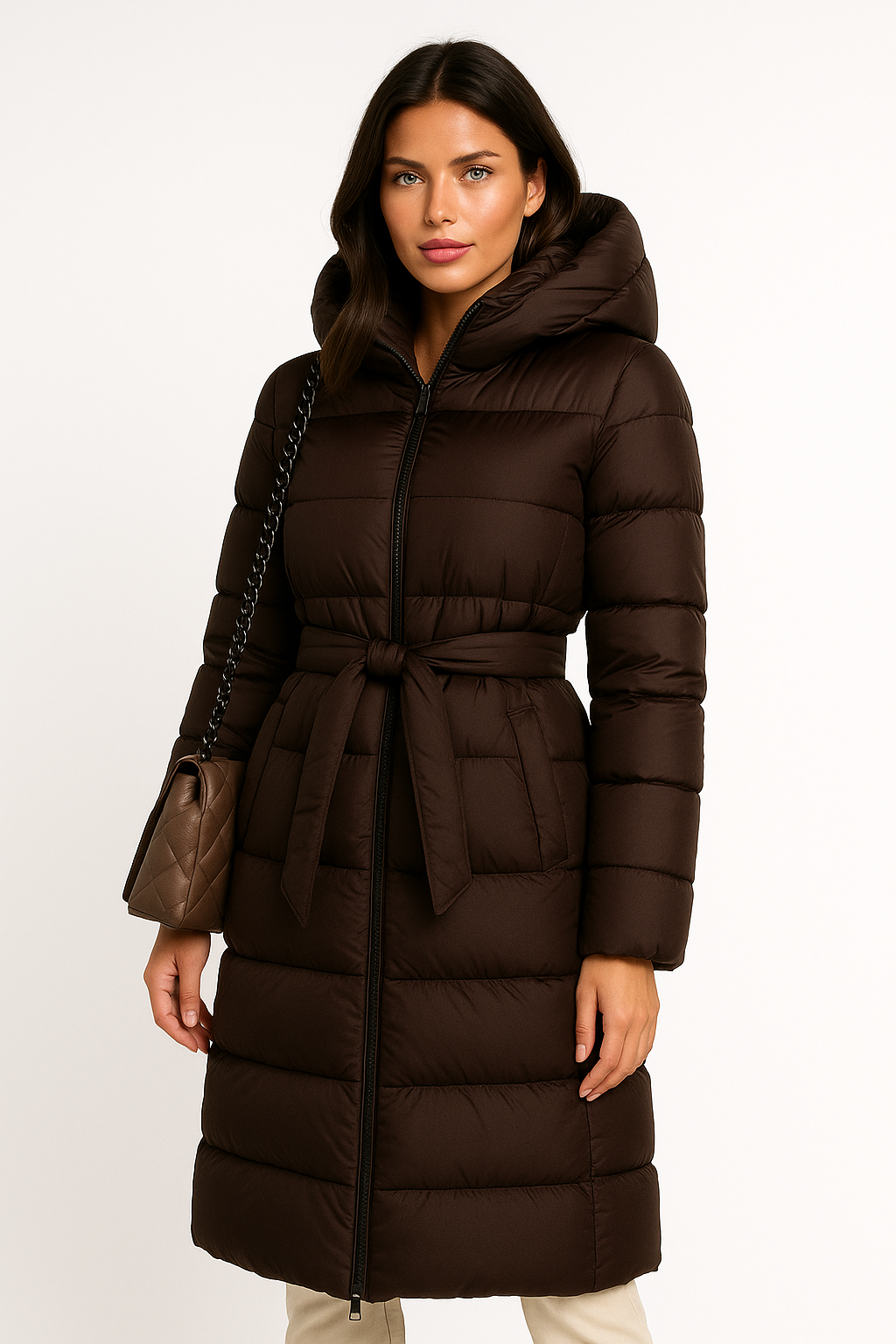 Chic Lange Puffer Winterjas met Tailleriem en Hoge Kraag