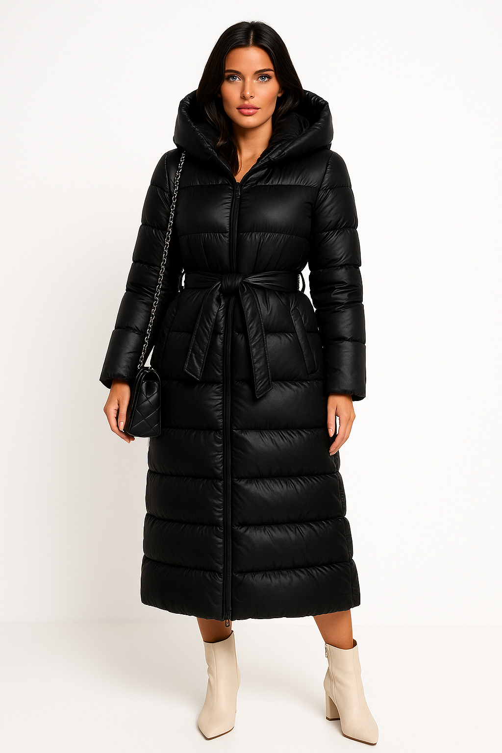 Chic Lange Puffer Winterjas met Tailleriem en Hoge Kraag