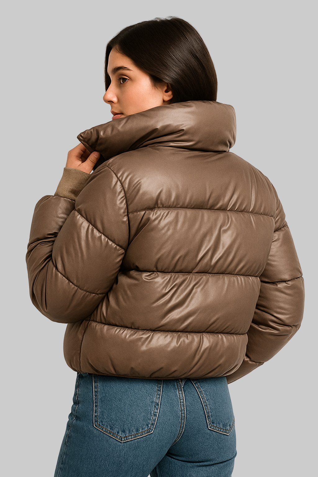 Evy Jacket | Taupe puffer jacket met hoge kraag &amp; capuchon