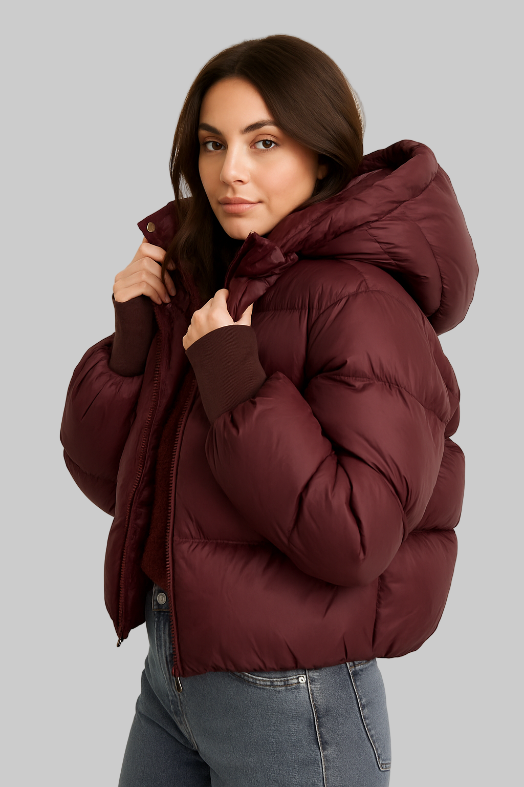Evy Jacket | Bordeaux puffer jacket met hoge kraag en muts
