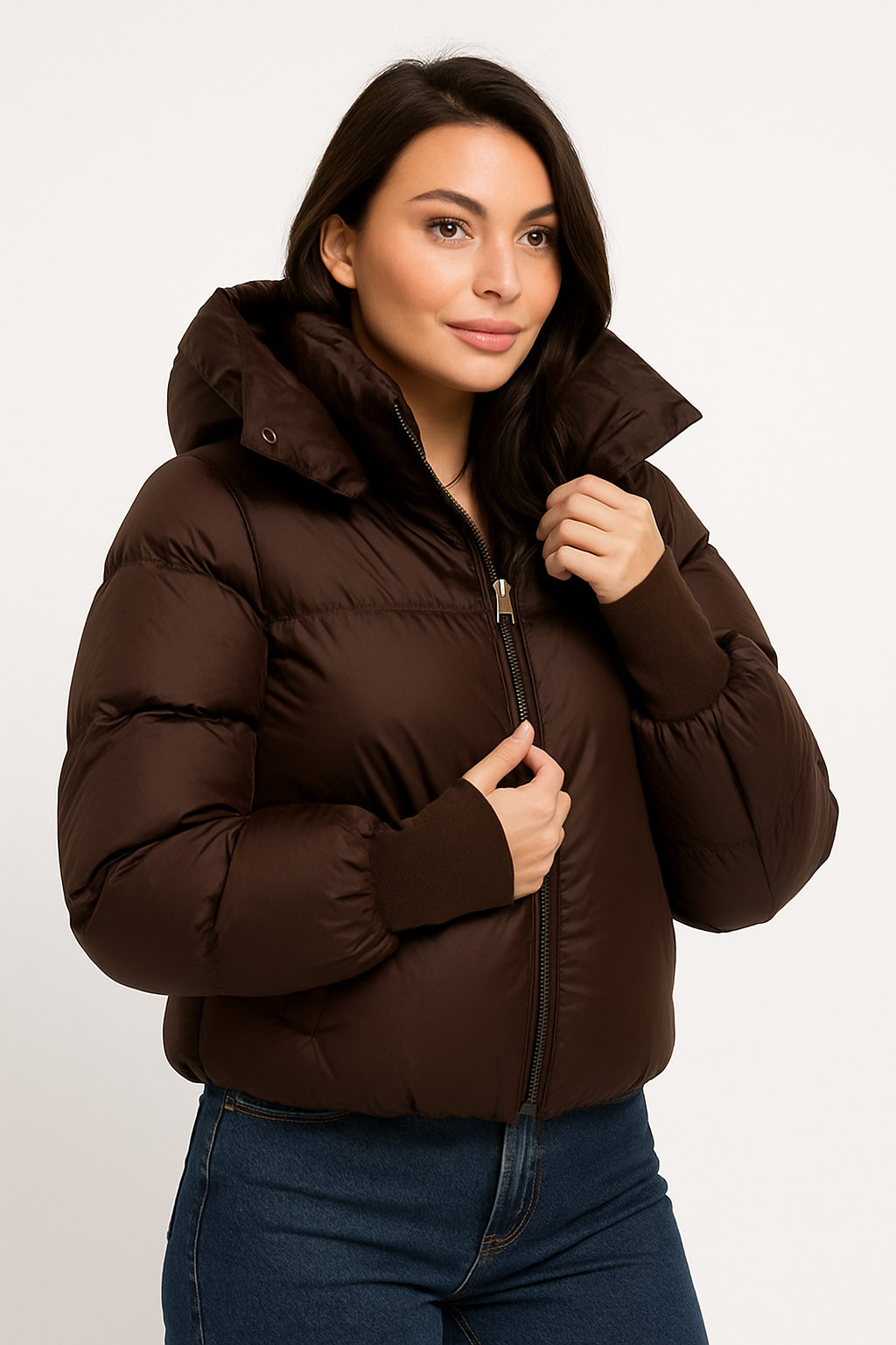 Evy Jacket | Bruine puffer jacket met hoge kraag en muts