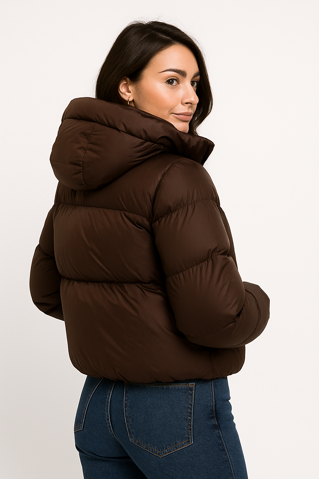 Evy Jacket | Bruine puffer jacket met hoge kraag en muts