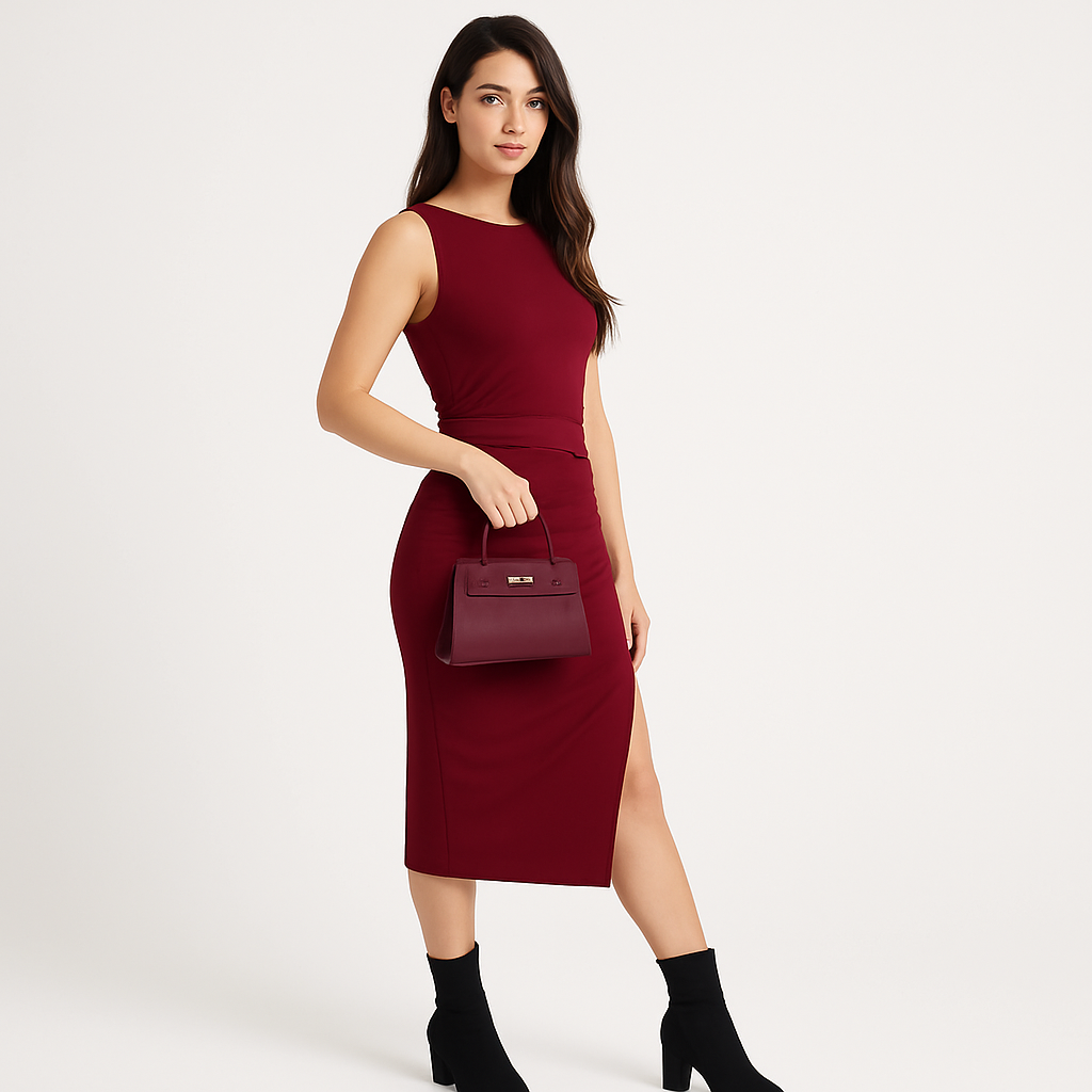 Blee Bodycon Midi Dress – Bordeaux Elegance