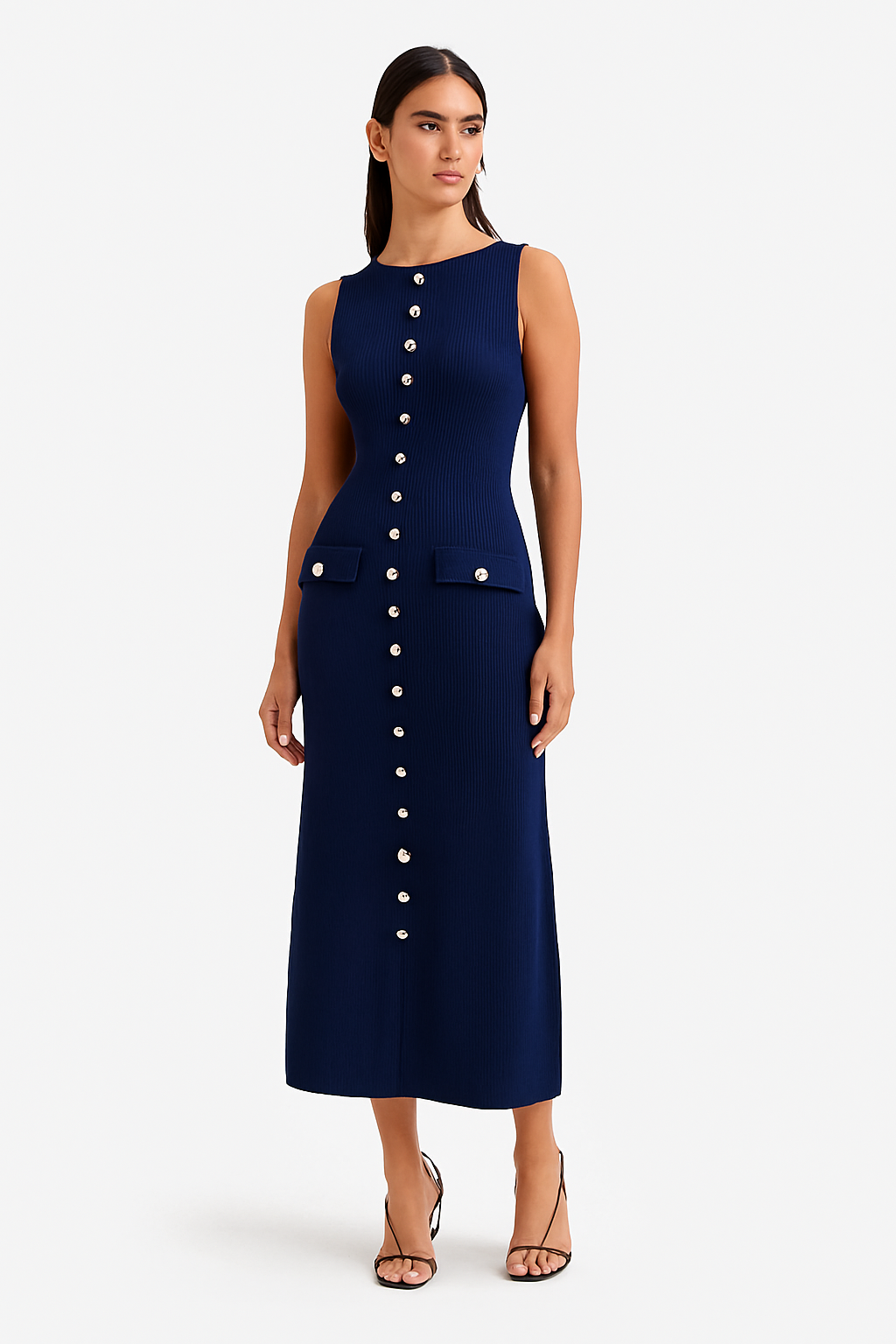 Kara Gebreide Maxi Jurk met Knoopsluiting